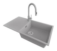 PRIMAGRAN Evier Cuisine en Granit au Meuble 60cm + Robinet, 90x50cm | Set: Robinet BW9010 + Kit de Vidage (Siphon, bonde d’évacuation, trop-plein) + Lavabo 1 Bac - Ibiza , Gris