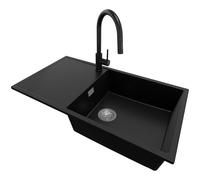 PRIMAGRAN Evier Cuisine en Granit au Meuble 60cm + Robinet, 90x50cm | Set: Robinet BW9010 + Kit de Vidage (Siphon, bonde d’évacuation, trop-plein) + Lavabo 1 Bac - Ibiza , Noir