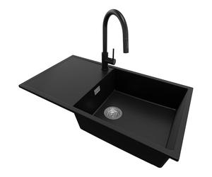 PRIMAGRAN Evier Cuisine en Granit au Meuble 60cm + Robinet, 90x50cm | Set: Robinet BW9010 + Kit de Vidage (Siphon, bonde d’évacuation, trop-plein) + Lavabo 1 Bac - Ibiza , Noir