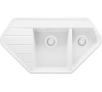 PRIMAGRAN Evier Cuisine en Granit au Meuble 70cm + Kit de Vidage, 90x50cm | Set: Kit de Vidage (Siphon, bonde d’évacuation, trop-plein) + Lavabo 1,5 bacs - Copenhague, Tout Blanc