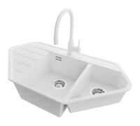 PRIMAGRAN Evier Cuisine en Granit au Meuble 70cm + Robinet, 90x50cm | Set: Robinet BW6020 + Kit de Vidage (Siphon, bonde d’évacuation, trop-plein) + Lavabo 1,5 bacs - Copenhague, Blanc