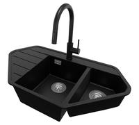 PRIMAGRAN Evier Cuisine en Granit au Meuble 70cm + Robinet, 90x50cm | Set: Robinet BW9010 + Kit de Vidage (Siphon, bonde d’évacuation, trop-plein) + Lavabo 1,5 bacs - Copenhague, Noir