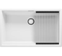 PRIMAGRAN Evier Cuisine en Granit au Meuble 80cm + Kit de Vidage, 76x47cm | Set: Kit de Vidage (Siphon, bonde d’évacuation, trop-plein) + Égouttoir Enroulable + Lavabo 1 Bac - Prague Level Slim, Blanc