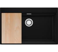 PRIMAGRAN Evier Cuisine en Granit au Meuble 80cm + Kit de Vidage, 78x50cm | Set: Kit de Vidage (Siphon, bonde d’évacuation, trop-plein) + Planche à Découper + Lavabo 1 Bac - Oslo, Noir