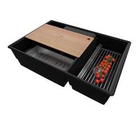 PRIMAGRAN Evier Cuisine en Granit au Meuble 80cm + Kit de Vidage, 78x53cm | Set: Kit de Vidage (Siphon, bonde d’évacuation, trop-plein) + Lavabo 2 bacs - Paris Chef, Noir