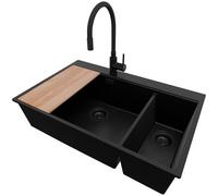 PRIMAGRAN Evier Cuisine en Granit au Meuble 80cm + Robinet, 78x50cm | Set: Robinet BW6020 + Kit de Vidage + Planche à Découper + Lavabo 2 bacs - Oslo, Tout Noir