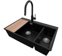 PRIMAGRAN Evier Cuisine en Granit au Meuble 80cm + Robinet, 78x50cm | Set: Robinet BW9010 + Kit de Vidage + Planche à Découper + Lavabo 2 bacs - Oslo, Noir