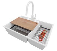 PRIMAGRAN Evier Cuisine en Granit au Meuble 80cm + Robinet, 78x53cm | Set: Robinet BW9010 + Kit de Vidage (Siphon, bonde d’évacuation, trop-plein) + Lavabo 2 bacs - Paris Chef, Blanc