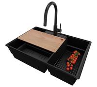 PRIMAGRAN Evier Cuisine en Granit au Meuble 80cm + Robinet, 78x53cm | Set: Robinet BW9010 + Kit de Vidage (Siphon, bonde d’évacuation, trop-plein) + Lavabo 2 bacs - Paris Chef, Tout Noir