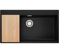 PRIMAGRAN Evier Cuisine en Granit au Meuble 90cm + Kit de Vidage, 88x50cm | Set: Kit de Vidage (Siphon, bonde d’évacuation, trop-plein) + Planche à Découper + Lavabo 1 Bac - Oslo, Noir