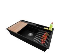 PRIMAGRAN Evier Cuisine en Granit au Meuble 90cm + Kit de Vidage, 88x53cm | Set: Kit de Vidage (Siphon, bonde d’évacuation, trop-plein) + Lavabo 1 Bac - Oslo, Noir