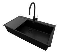 PRIMAGRAN Evier Cuisine en Granit au Meuble 90cm + Robinet, 88x50cm | Set: Robinet BW6020 + Kit de Vidage + Planche à Découper + Lavabo 1 Bac - Oslo, Tout Noir