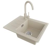 PRIMAGRAN Evier Cuisine en Granit au Meuble 45cm + Robinet, 55x44cm | Set: Robinet BW5010 + Kit de Vidage (Siphon, bonde d’évacuation, trop-plein) + Lavabo 1 Bac - Copenhague Easy, Beige