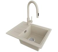 PRIMAGRAN Evier Cuisine en Granit au Meuble 45cm + Robinet, 55x44cm | Set: Robinet BW9010 + Kit de Vidage (Siphon, bonde d’évacuation, trop-plein) + Lavabo 1 Bac - Copenhague Easy, Beige