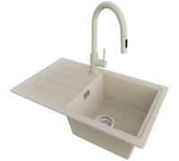 PRIMAGRAN Evier Cuisine en Granit Beige 70x44cm, Lavabo 1 bac + Robinet 40x20cm + Kit de Vidage, Évier à Encastrer au Meuble 45cm - Copenhague Easy S059