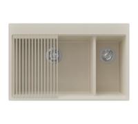 PRIMAGRAN Evier Cuisine en Granit Beige 78x50cm, Lavabo 2 bacs + Kit de Vidage + Égouttoir Enroulable, Évier à Encastrer au Meuble 80cm - Oslo S065