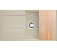 PRIMAGRAN Evier Cuisine en Granit Beige 90x50cm, Lavabo 1 bac + Kit de Vidage + Planche à Découper, Évier à Encastrer au Meuble 60cm - Copenhague Top S720