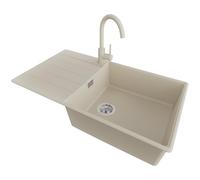 PRIMAGRAN Evier Cuisine en Granit Beige 90x50cm, Lavabo 1 bac + Robinet 32x20cm + Kit de Vidage, Évier à Encastrer au Meuble 60cm - Copenhague Top S675