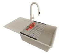 PRIMAGRAN Evier Cuisine en Granit Beige 90x50cm, Lavabo 1 bac + Robinet 40x20cm + Set d’accessoires, Évier à Encastrer au Meuble 60cm - Copenhague Top S706