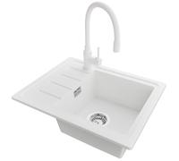 PRIMAGRAN Evier Cuisine en Granit au Meuble 45cm + Robinet, 55x44cm | Set: Robinet BW6020 + Kit de Vidage (Siphon, bonde d’évacuation, trop-plein) + Lavabo 1 Bac - Copenhague Easy, Blanc