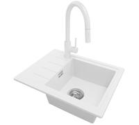 PRIMAGRAN Evier Cuisine en Granit au Meuble 45cm + Robinet, 55x44cm | Set: Robinet BW9010 + Kit de Vidage (Siphon, bonde d’évacuation, trop-plein) + Lavabo 1 Bac - Copenhague Easy, Blanc