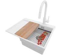 PRIMAGRAN Evier Cuisine en Granit Blanc 62x50cm, Lavabo 1 bac + Robinet 40x20cm + Kit de Vidage, Évier à Encastrer au Meuble 40cm - Sydney S036
