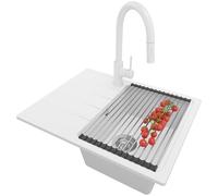 PRIMAGRAN Evier Cuisine en Granit Blanc 62x50cm, Lavabo 1 bac + Robinet 40x20cm + Set d’accessoires, Évier à Encastrer au Meuble 40cm - Milan S036