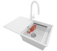 PRIMAGRAN Evier Cuisine en Granit Blanc 78x50cm, Lavabo 1 bac + Robinet 40x20cm + Set d’accessoires, Évier à Encastrer au Meuble 50cm - San Francisco S046