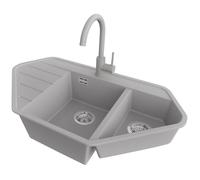 PRIMAGRAN, Evier Cuisine en Granit Gris 90x50cm, 5 bacs, Kit de Vidage, Accessoires, Évier à Encastrer au Meuble 70cm, Éclat Q4481-V