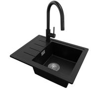 PRIMAGRAN, Evier Cuisine en Granit Noir 55x44cm, Kit de Vidage, Accessoires, Évier à Encastrer au Meuble 45cm, Lavabo 1 Bac V3649-Q