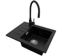 PRIMAGRAN Evier Cuisine en Granit Noir 55x44cm, Lavabo 1 bac + Robinet 40x38cm + Kit de Vidage, Évier à Encastrer au Meuble 45cm - Copenhague Easy S027