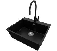 PRIMAGRAN Evier Cuisine en Granit Noir 58x50cm, Lavabo 1 bac + Robinet 40x38cm + Kit de Vidage, Évier à Encastrer au Meuble 60cm - Riga S331