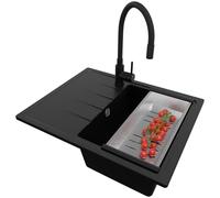 PRIMAGRAN Evier Cuisine en Granit Noir 62x50cm, Lavabo 1 bac + Robinet 40x38cm + Kit de Vidage, Évier à Encastrer au Meuble 40cm - Milan S056