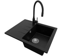 PRIMAGRAN Evier Cuisine en Granit Noir 62x50cm, Lavabo 1 bac + Robinet 40x38cm + Kit de Vidage, Évier à Encastrer au Meuble 40cm - Milan S021