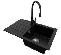 PRIMAGRAN Evier Cuisine en Granit Noir 70x44cm, Lavabo 1 bac + Robinet 40x38cm + Kit de Vidage, Évier à Encastrer au Meuble 45cm - Copenhague Easy S061