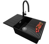 PRIMAGRAN Evier Cuisine en Granit Noir 78x50cm, Lavabo 1 bac + Robinet 40x20cm + Set d’accessoires, Évier à Encastrer au Meuble 60cm - Copenhague Top S609