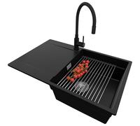 PRIMAGRAN Evier Cuisine en Granit Noir 78x50cm, Lavabo 1 bac + Robinet 40x38cm + Set d’accessoires, Évier à Encastrer au Meuble 50cm - San Francisco S049
