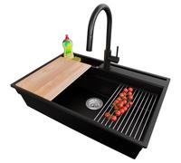 PRIMAGRAN Evier Cuisine en Granit Noir 78x53cm, Lavabo 1 bac + Robinet 40x20cm + Kit de Vidage, Évier à Encastrer au Meuble 80cm - Oslo S405