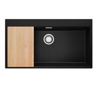 PRIMAGRAN Evier Cuisine en Granit au Meuble 90cm + Kit de Vidage, 88x50cm | Set: Kit de Vidage (Siphon, bonde d’évacuation, trop-plein) + Planche à Découper + Lavabo 1 Bac - Oslo, Noir