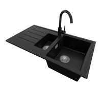 PRIMAGRAN, Evier Cuisine en Granit Noir 90x50cm, 5 bacs, Kit de Vidage, Accessoires, Évier à Encastrer au Meuble 60cm, Éclat S3955-X