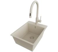 PRIMAGRAN Evier Cuisine en Granit Tout Beige 38x50cm, Lavabo 1 bac + Robinet 40x20cm + Kit de Vidage, Évier à Encastrer au Meuble 40cm - Riga S060