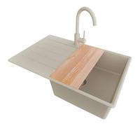 PRIMAGRAN Evier Cuisine en Granit Tout Beige 78x50cm, Lavabo 1 bac + Robinet 32x20cm + Set d’accessoires, Évier à Encastrer au Meuble 50cm - Copenhague Top S544