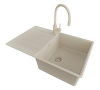 PRIMAGRAN Evier Cuisine en Granit Tout Beige 78x50cm, Lavabo 1 bac + Robinet 38x14cm + Kit de Vidage, Évier à Encastrer au Meuble 50cm - Copenhague Top S504