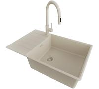 PRIMAGRAN Evier Cuisine en Granit Tout Beige 78x50cm, Lavabo 1 bac + Robinet 40x20cm + Kit de Vidage, Évier à Encastrer au Meuble 60cm - Copenhague Top S590