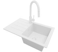 PRIMAGRAN Evier Cuisine en Granit Tout Blanc 70x44cm, Lavabo 1 bac + Robinet 40x20cm + Kit de Vidage, Évier à Encastrer au Meuble 45cm - Copenhague Easy S056