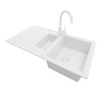 PRIMAGRAN Evier Cuisine en Granit Tout Blanc 90x50cm, Lavabo 1,5 bacs + Robinet 32x20cm + Kit de Vidage, Évier à Encastrer au Meuble 60cm - Copenhague Duo S014