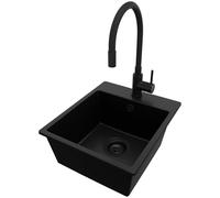 PRIMAGRAN Evier Cuisine en Granit Tout Noir 38x44cm, Lavabo 1 bac + Robinet 40x38cm + Kit de Vidage, Évier à Encastrer au Meuble 40cm - Riga S028