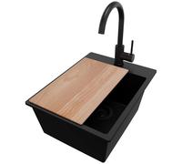PRIMAGRAN Evier Cuisine en Granit Tout Noir 38x50cm, Lavabo 1 bac + Robinet 32x20cm + Set d’accessoires, Évier à Encastrer au Meuble 40cm - Riga S080