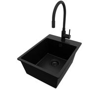 PRIMAGRAN Evier Cuisine en Granit Tout Noir 38x50cm, Lavabo 1 bac + Robinet 40x38cm + Kit de Vidage, Évier à Encastrer au Meuble 40cm - Riga S062
