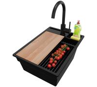 PRIMAGRAN Evier Cuisine en Granit Tout Noir 38x53cm, Lavabo 1 bac + Robinet 32x20cm + Kit de Vidage, Évier à Encastrer au Meuble 40cm - Oslo S054
